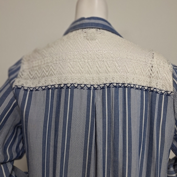 Vintage America Blue White Front Twist Western Casual Roll Tab Sleeve Blouse XL - Picture 9 of 13